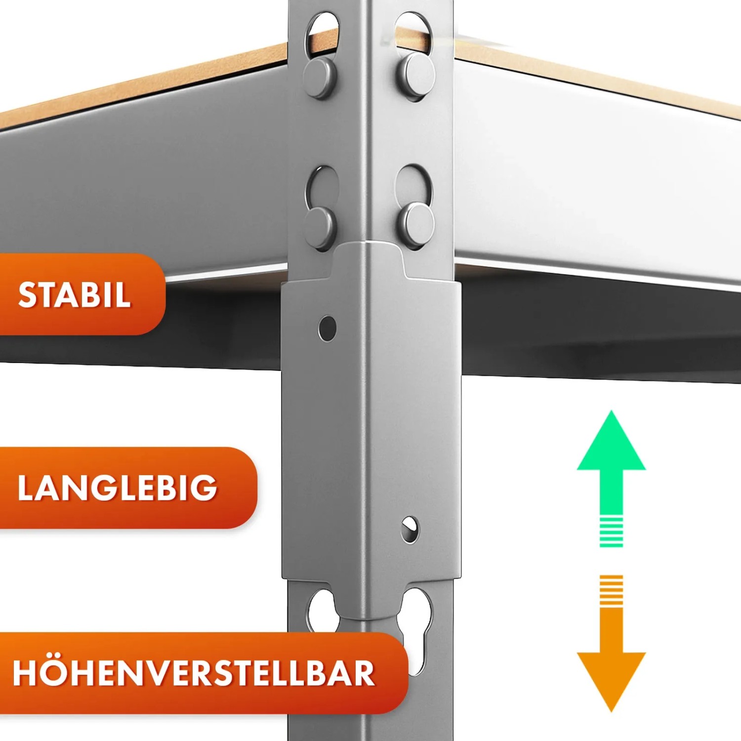 Detailansicht: Höhenverstellbares Schwerlastregal Rhino, verzinkt, mit Stahlrahmen und MDF-Böden.