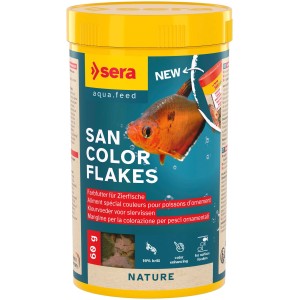 Sera San Nature Flockenfutter, 250ml Dose mit Fisch-Motiv, für Zierfische zur Farbverstärkung.