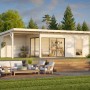 Naturbelassenes Palmako Gartenhaus Andrea mit Schiebetüren und überdachtem Anbau.