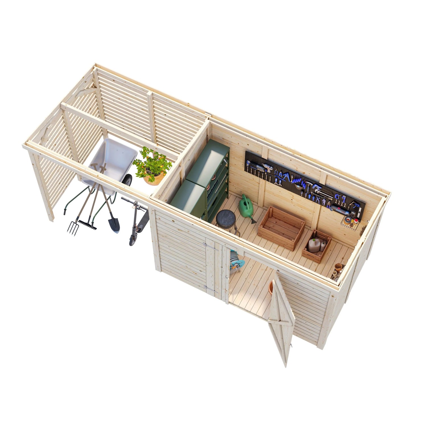Palmako Gerätehaus Leif, 460x170 cm, dunkelgrau lackiert. Holz-Gartenhaus mit offenem Anbau und Werkzeug.