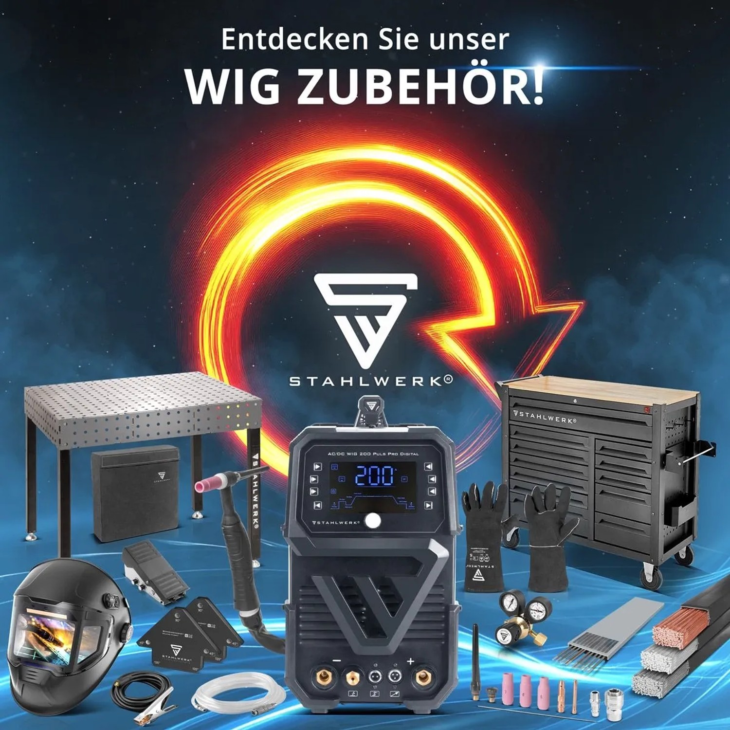 STAHLWERK Schweißgerät DC WIG 200 ST mit Schweißtisch, Helm, Handschuhen und WIG Zubehör. Ideal für Schweißen in der Werkstatt.