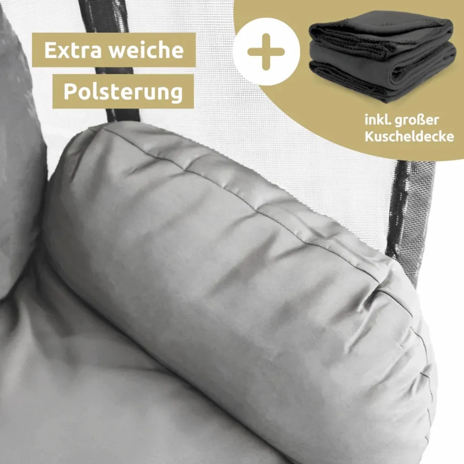Graue, weiche Polsterung des DELUKE Hängesessels mit dunkler Kuscheldecke. Perfekt für Indoor & Outdoor.