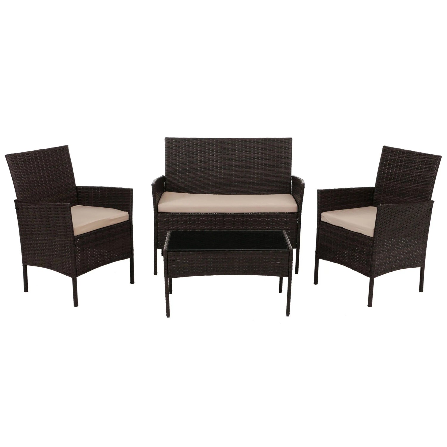 PROREGAL Poly-Rattan Garten-Garnitur Sitzgruppe Lounge-Set Metall Glas Stoff/Textil 180g/m2 Braun Kissen Creme