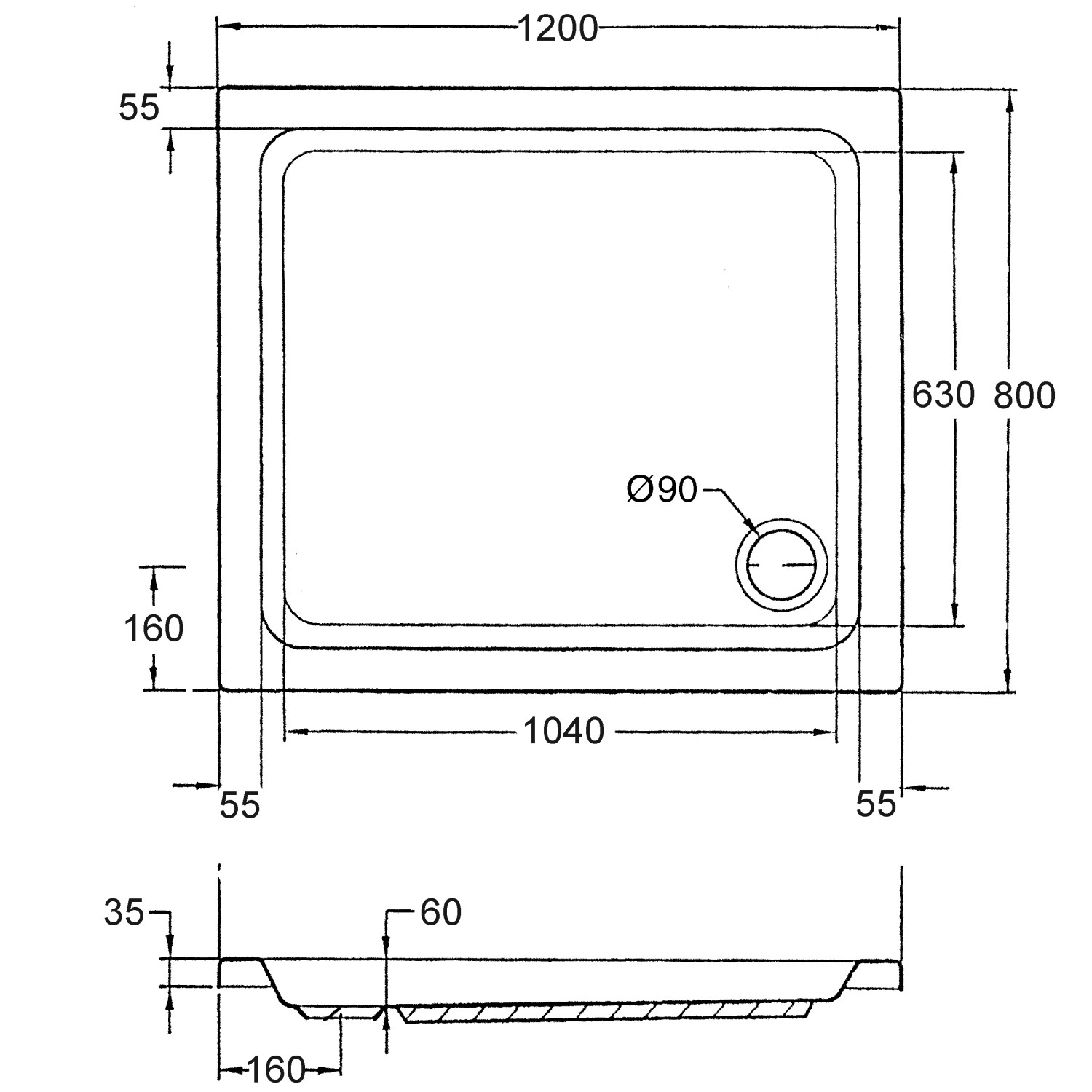 Technische Zeichnung Ottofond Duschwanne Samos, rechteckig, 120x80 cm, mit Maßen.