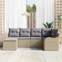 Beiges 6-teiliges vidaXL Garten-Sofa-Set aus Poly Rattan mit grauen Kissen.