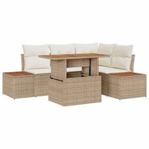 Beige vidaXL Garten Essgruppe mit Kissen, 5-teilig, aus Polyrattan und Akazienholz.