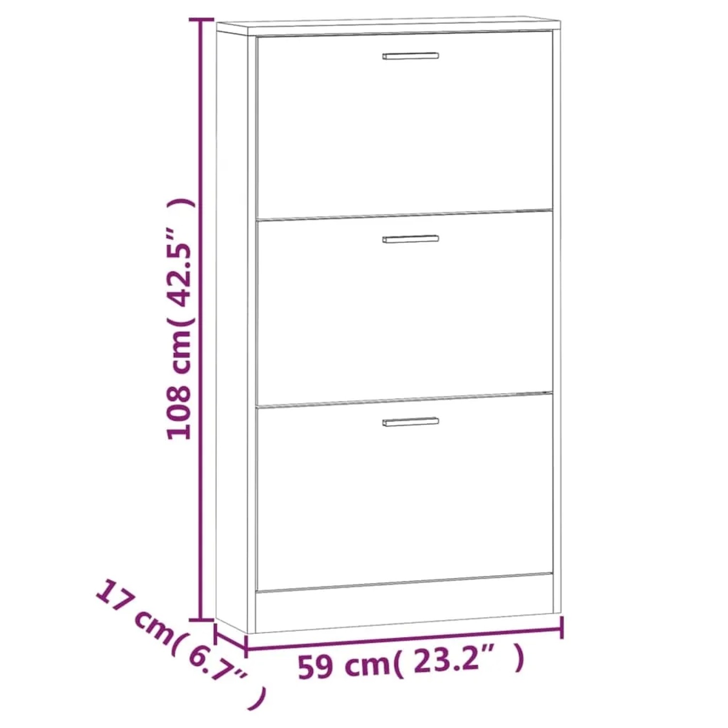 Schwarzer vidaXL Schuhschrank (59x17x108 cm) aus Holzwerkstoff mit drei Klappen.
