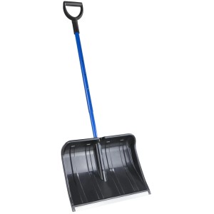 Teleskopierbare Schneeschaufel mit blauem Stahlstiel, schwarzem Kunststoffblatt und D-Griff. Für effizienten Winterdienst.