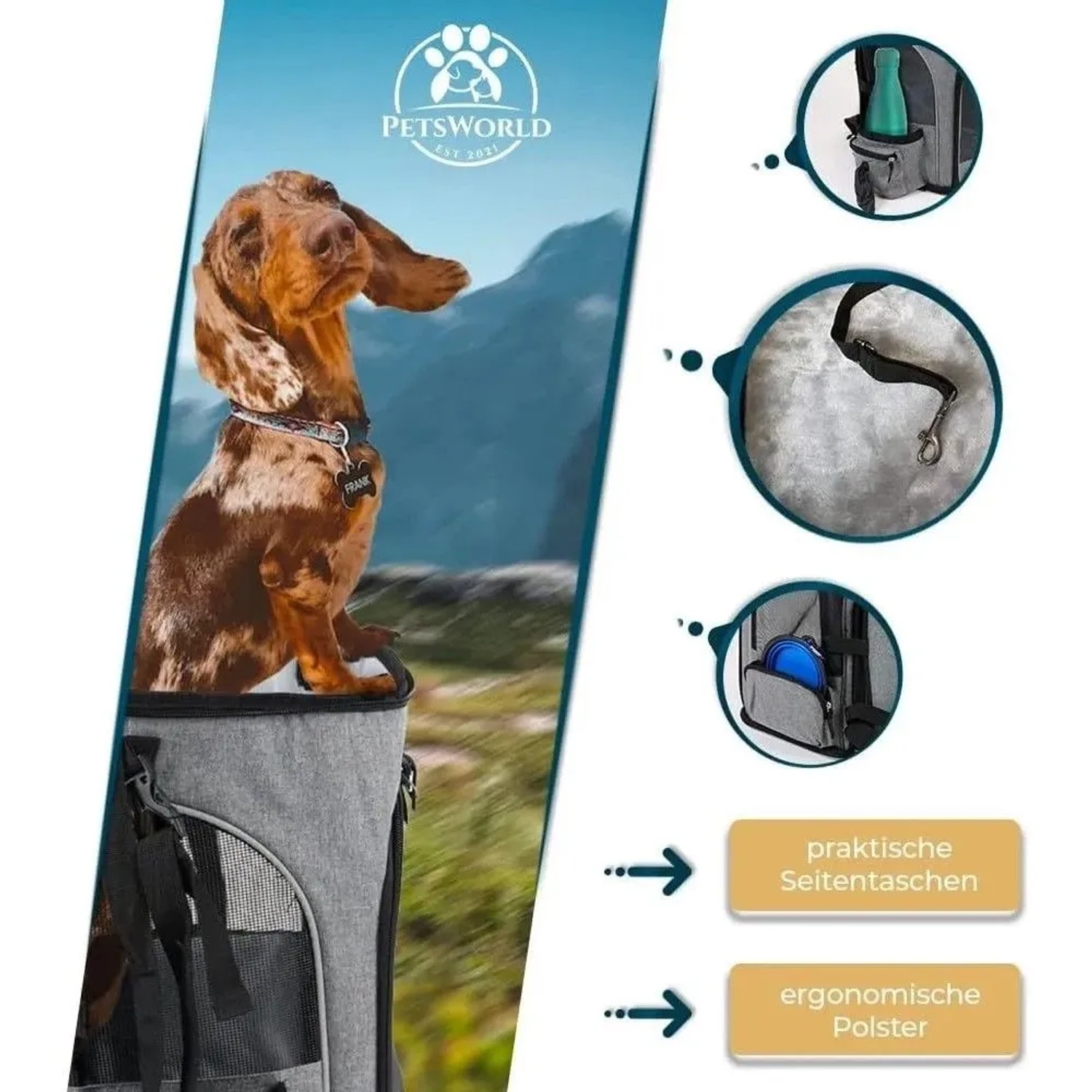 Petsworld Hunderucksack, faltbar & atmungsaktiv, für Hunde bis 8,5kg. Mit Seitentaschen und Leine.