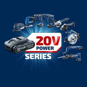 LUX Li-Ion Akku 20V/2Ah mit Werkzeugen der 20V Power-Series im Hintergrund.
