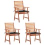 vidaXL Garten-Essstühle, 3er Set, Akazienholz mit schwarzen Kissen.