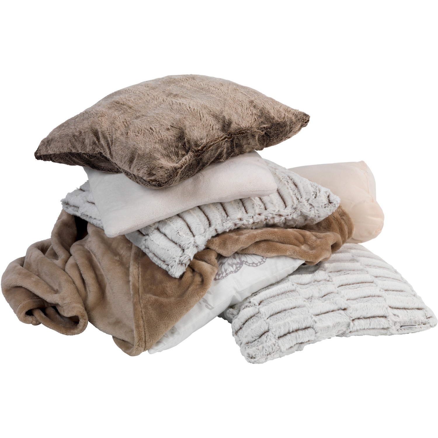 Gestapelte Kissen und Decken in Vakuum-Beutel Cube L von Wenko zur textilen Aufbewahrung.