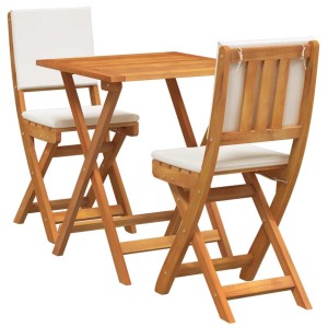 3-teiliges, klappbares Bistro-Set aus Akazienholz mit Kissen. Ideal für Balkon oder Terrasse.
