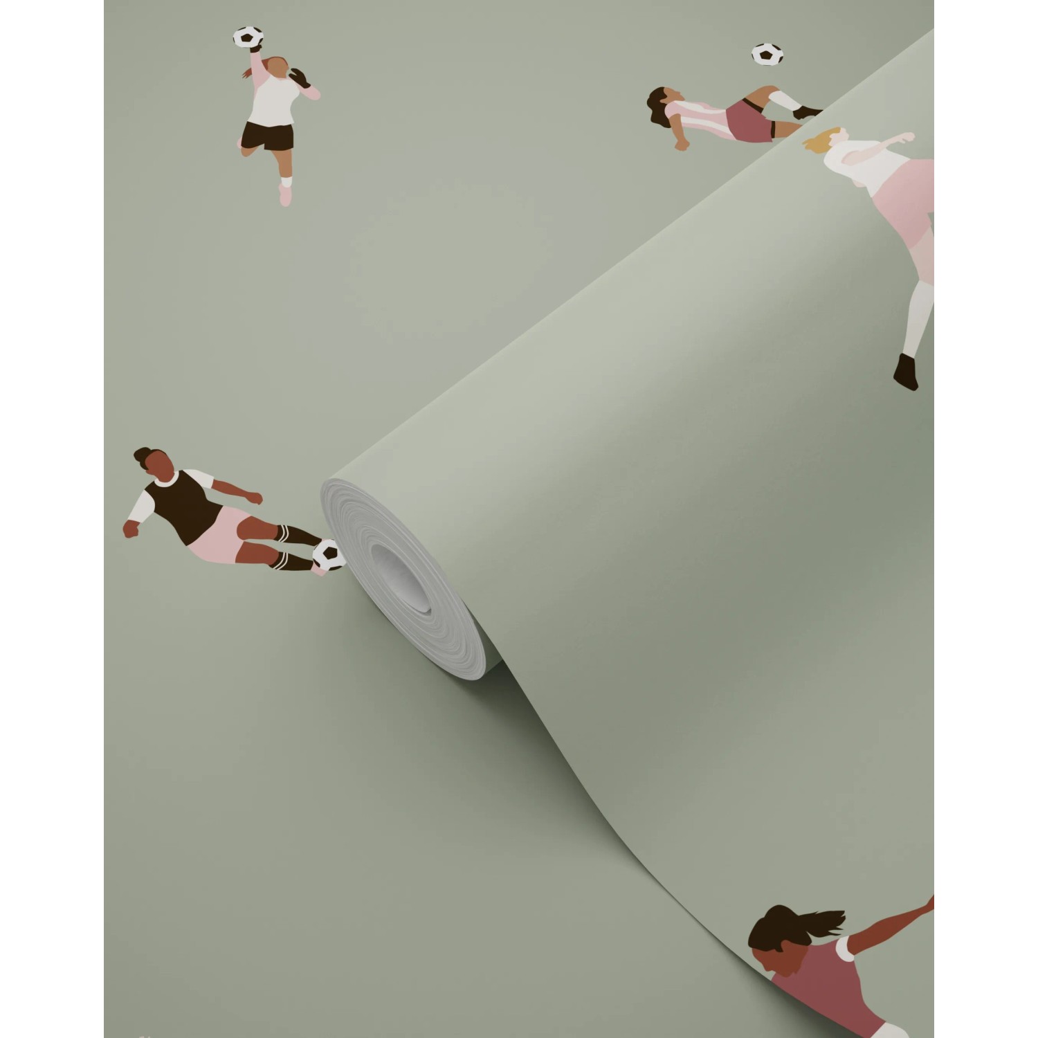 ESTAhome Vliestapete, Rolle mit graugrünen Fußballspielerinnen. Dekoratives Muster für Kinderzimmer, 50x900 cm.