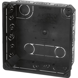 Schwarzer Abzweigkasten 200x200x80 mm aus Kunststoff, geeignet für Elektroinstallationen.