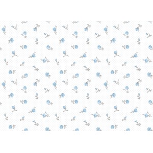 Dekorative Tapete mit kleinen blauen Blumen und grauen Blättern auf weißem, gepunktetem Hintergrund. Papiertapete.
