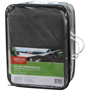 Verpacktes, graues Siena Garden Solino Sonnensegel, quadratisch, 3,6x3,6m, UV-Schutz.