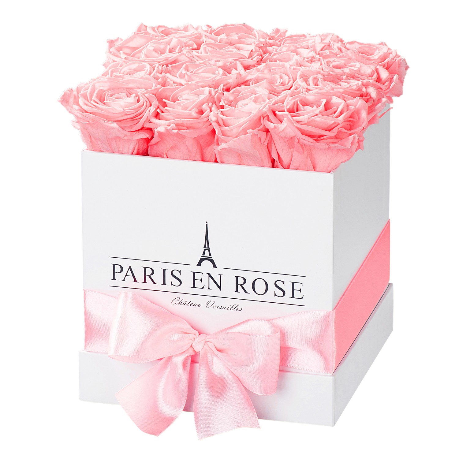 Rosenbox eckig Weiß mit Schleife und 12 Rosa Rosen