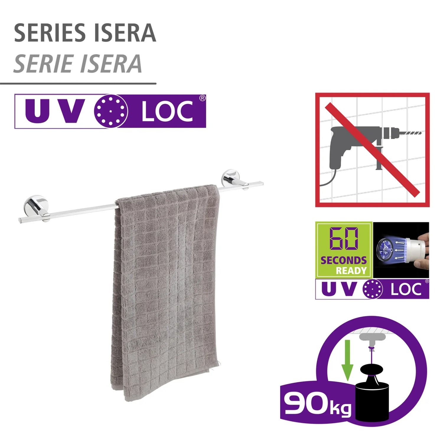 Wenko Badetuchstange Uno Isera, silber glänzend mit Handtuch und UV-Loc Befestigung.
