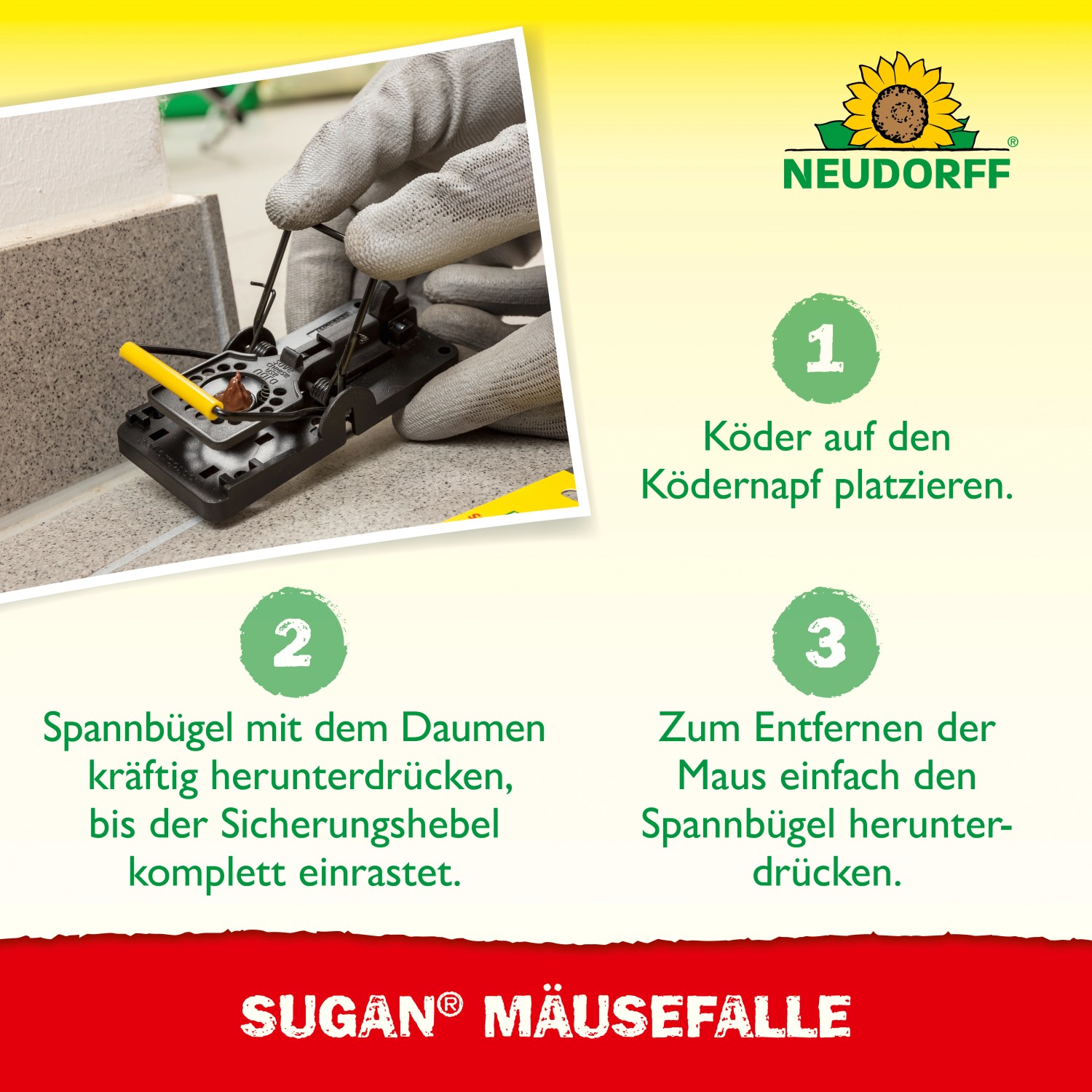 Neudorff Sugan Mausefalle: Hand spannt Falle, Anleitung zur Anwendung.