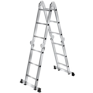 Silberne Tectake Aluminium Mehrzweckleiter 6in1 in A-Form. 12 Sprossen, klappbar, ideal für Haus & Garten.