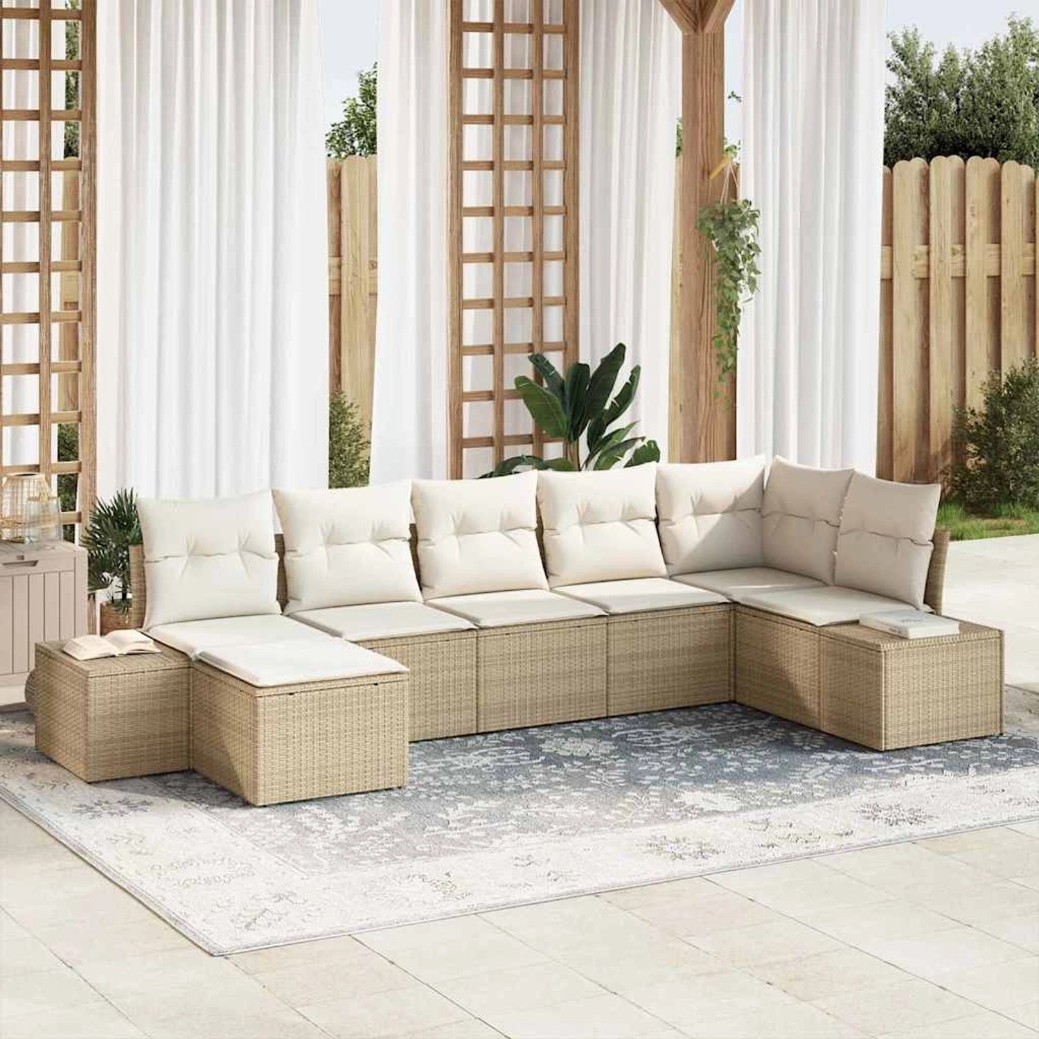 Beige 7-tlg. vidaXL Garten-Sofagarnitur aus Rattan mit Kissen für Terrasse und Garten.
