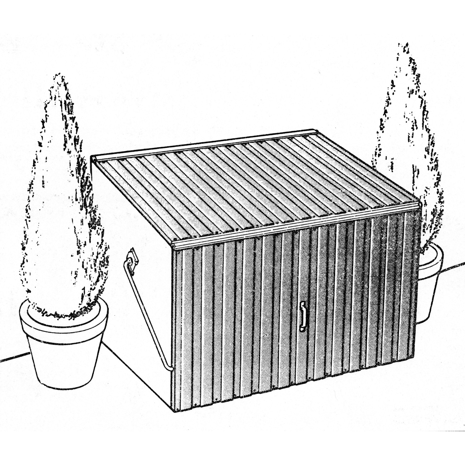 Anthrazitfarbene Trimetals Aufbewahrungsbox Stowaway (138x89cm) neben zwei Topfpflanzen.