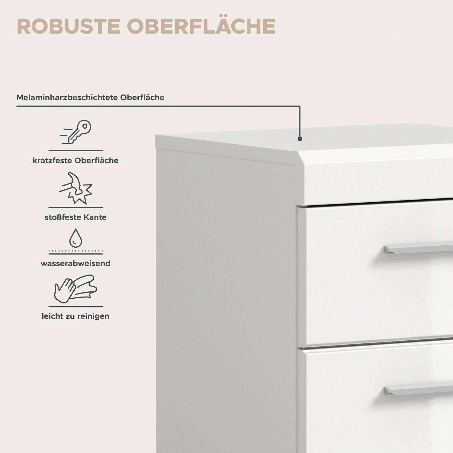 Detailaufnahme: Weißer Hochglanz Bad-Standschrank (37x88x31cm) mit Schubladen. Robust und pflegeleicht.