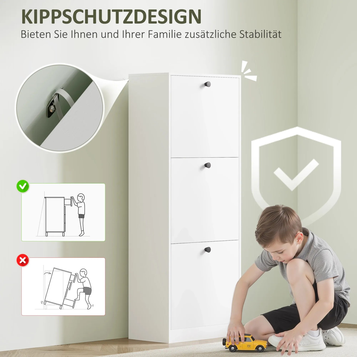 Weißer HOMCOM Schuhschrank mit drei Fächern und Kippschutz für bis zu 12 Paar Schuhe.