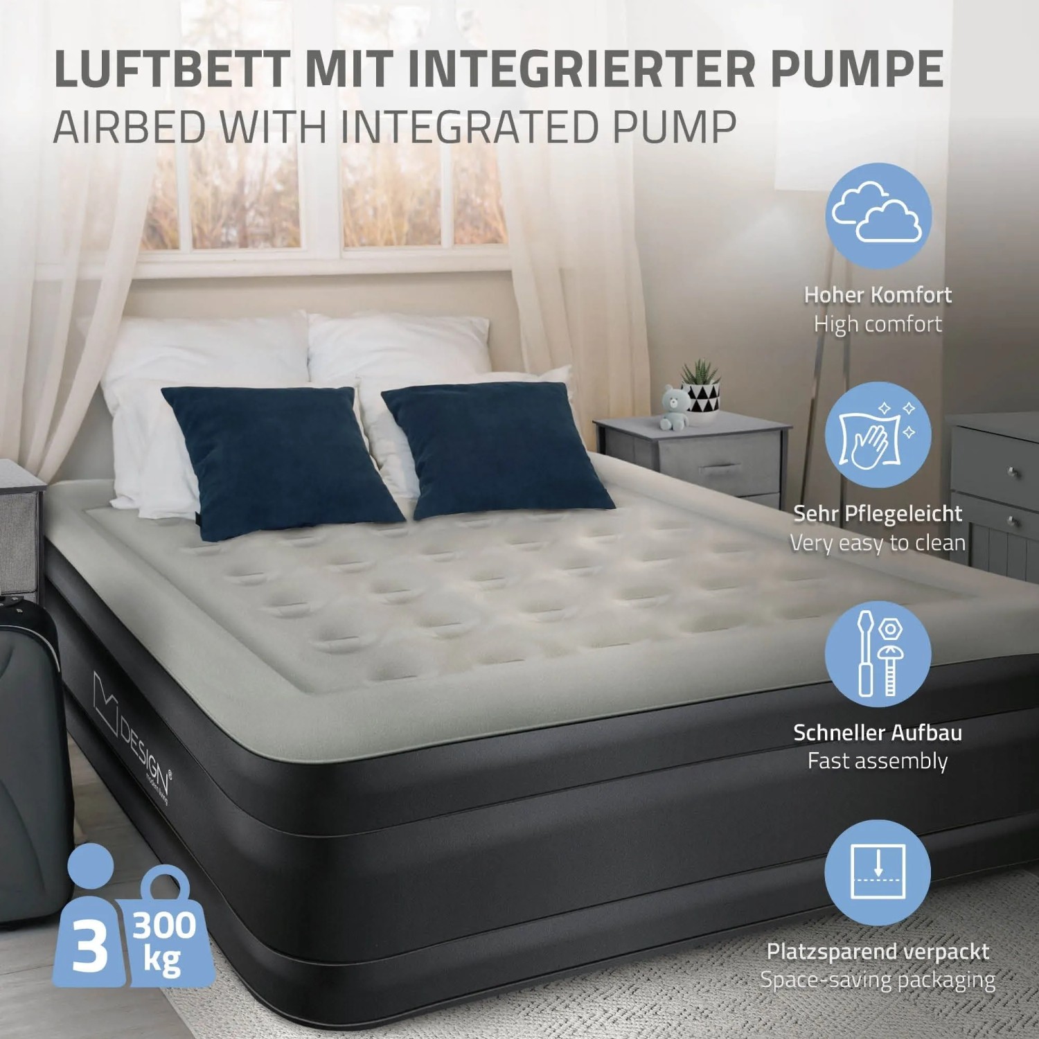 Graues ML-Design Luftbett für 2 Personen, selbstaufblasend, mit integrierter Pumpe und weicher Flockvelours-Oberfläche im Schlafzimmer.