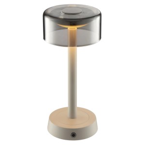 Beige LED Tischleuchte Razor, kabellos dimmbar, mit transparentem Schirm. Modern für Innen & Außen.