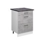 Vicco Küchenunterschrank R-Line, 60 cm, Beton/Weiß mit Schubladen und anthrazitfarbener Arbeitsplatte.