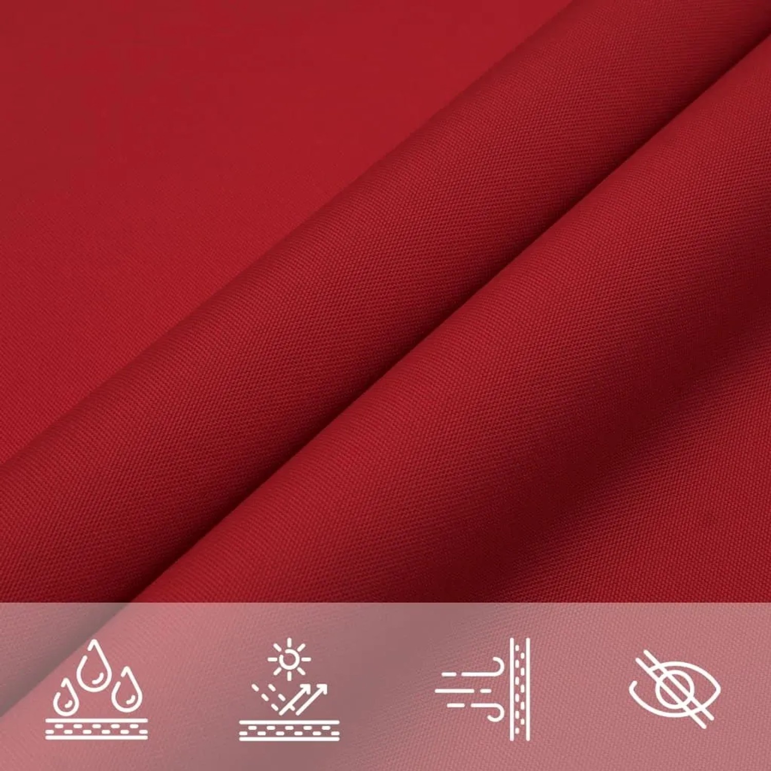 Rotes, wasserfestes Oxford-Gewebe des Sonnensegels mit Icons für UV-Schutz, Wind- und Schimmelresistenz.