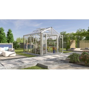Vitavia Gewächshaus Zeus Comfort 8100 mit Alu-Rahmen, Glas- und Hohlkammerplatten im Garten.
