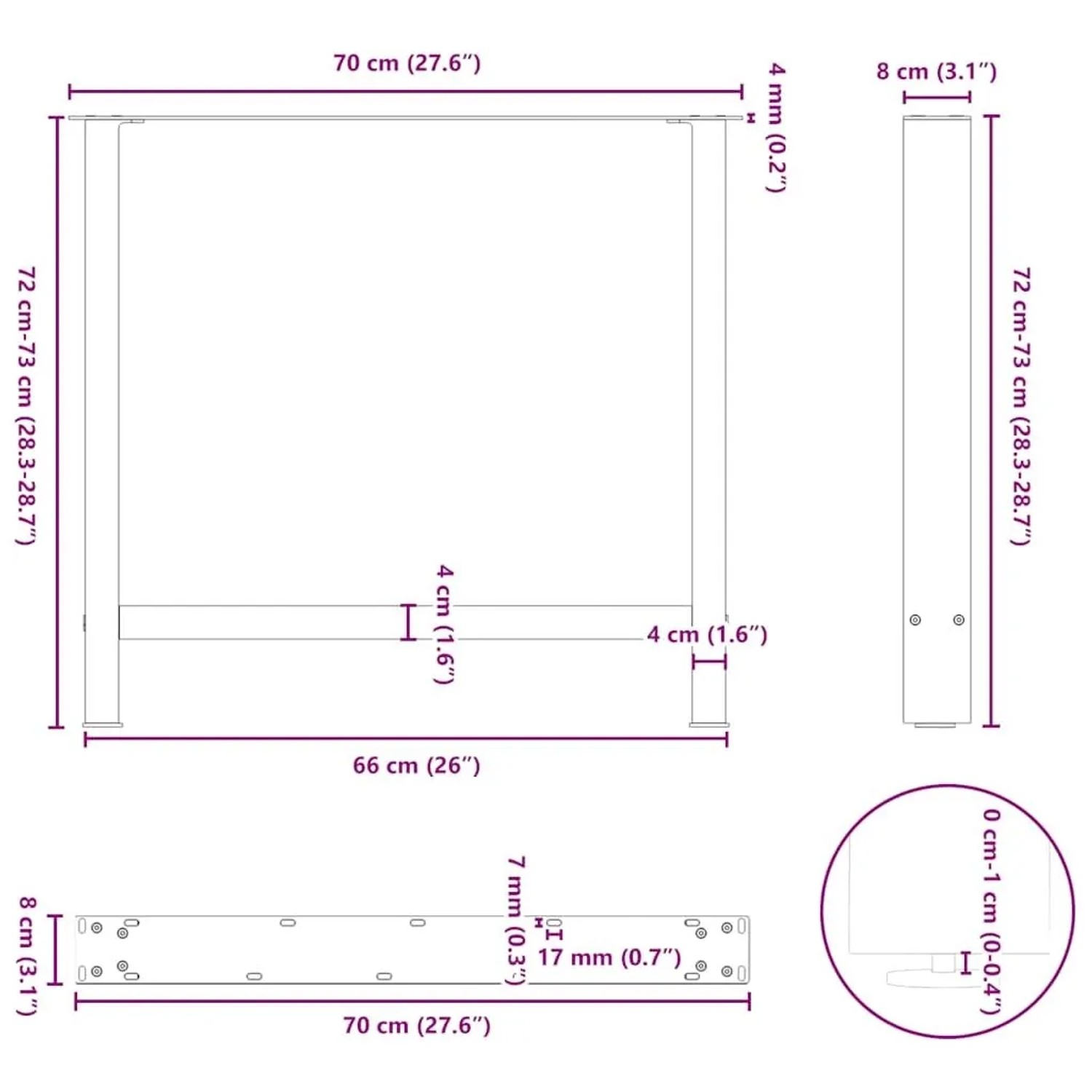 vidaXL Esstischbeine, 2 Stk., schwarz, Stahl, 70x72-73 cm, Maße und Details in der Abbildung.