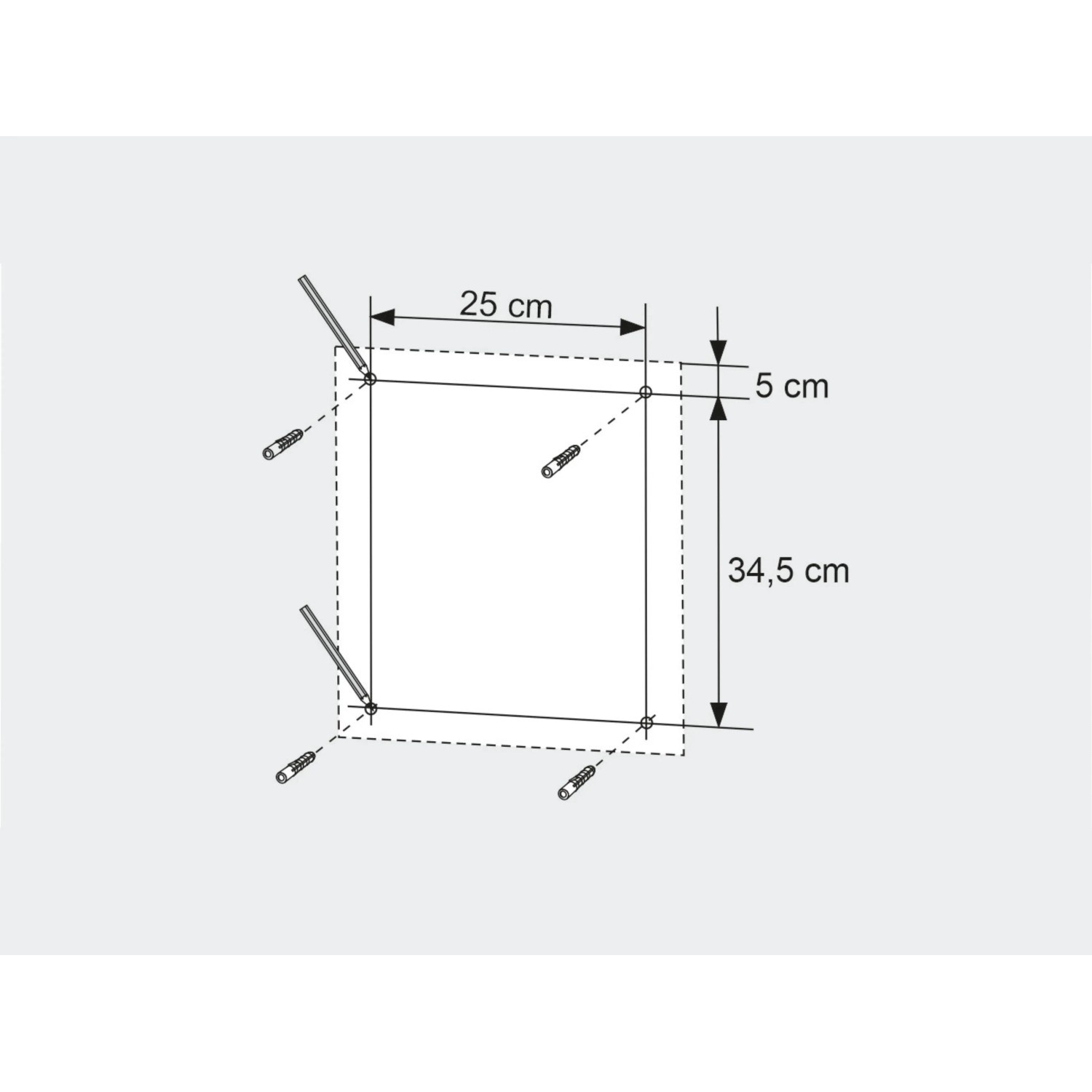 Skizze: Sieper Kosmetikschrank 35x45 cm, Maße und Montagepunkte für die Wandmontage.