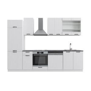 Weiße Vicco Fame-Line Küchenzeile im Landhausstil mit anthrazitfarbener Arbeitsplatte, 300 cm breit.