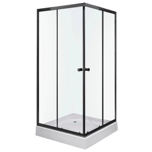 Quadratische Duschkabine Kerra Olga SQ 80x80cm mit transparentem Glas, schwarzen Profilen, Schiebetüren und weißer Duschwanne.