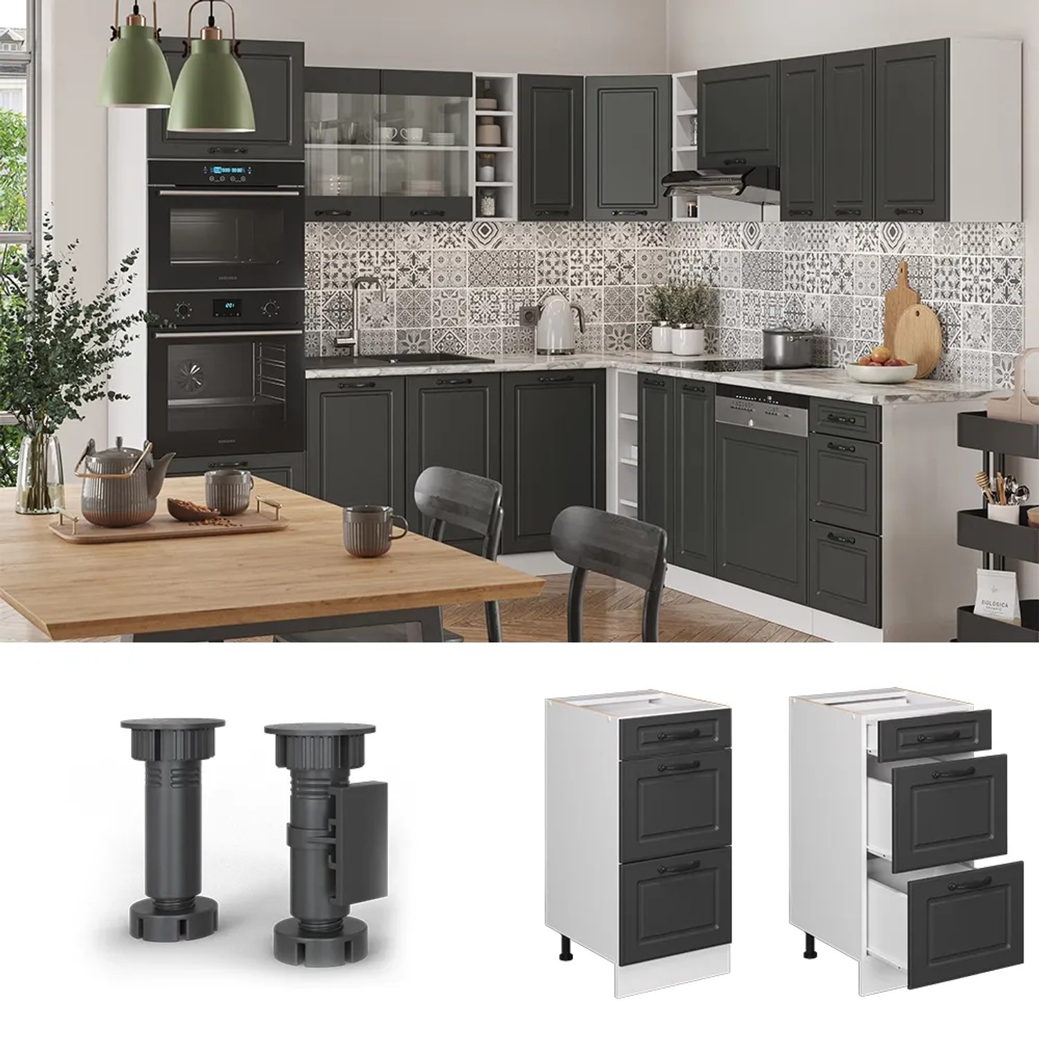 Vicco Küchenunterschrank R-Line, 40 cm, Anthrazit/Weiß, mit Schubladen. Küchenmöbel im Landhausstil.