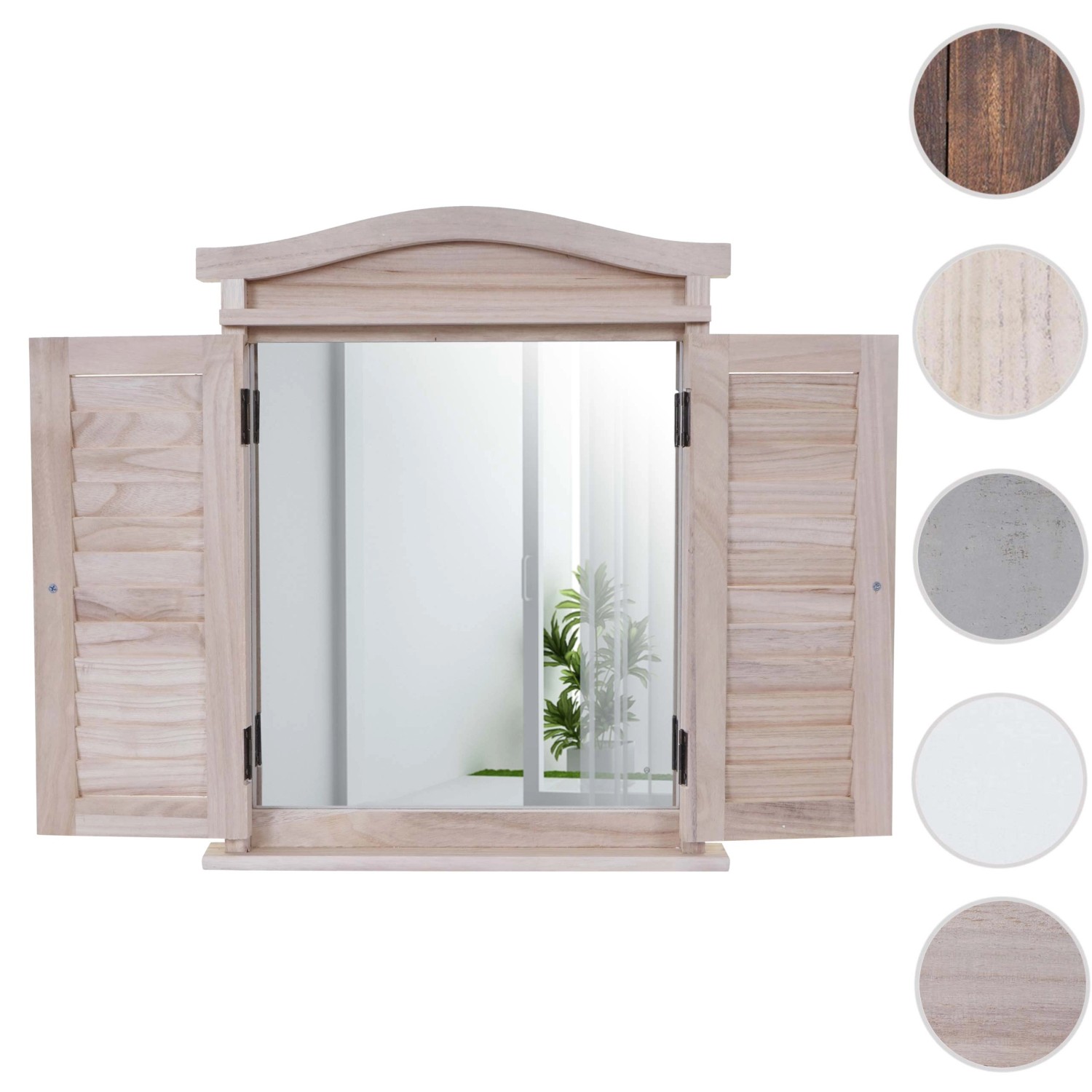MCW Wandspiegel mit Fensterläden, naturbraun, aus Holz mit geöffneten Fensterläden.