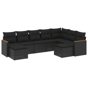 Schwarze 9-tlg. vidaXL Garten-Sofagarnitur aus Poly Rattan mit Kissen.