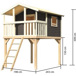 Karibu Stelzenhaus Benjamin in Terragrau mit Holzleiter, Ansicht von schräg unten.