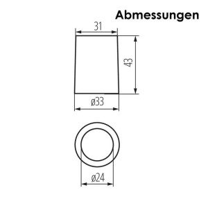 Maßzeichnung der E14 Lampenfassung aus Keramik: Ø33x43mm, innen Ø24mm. Für Lampen & Leuchten.