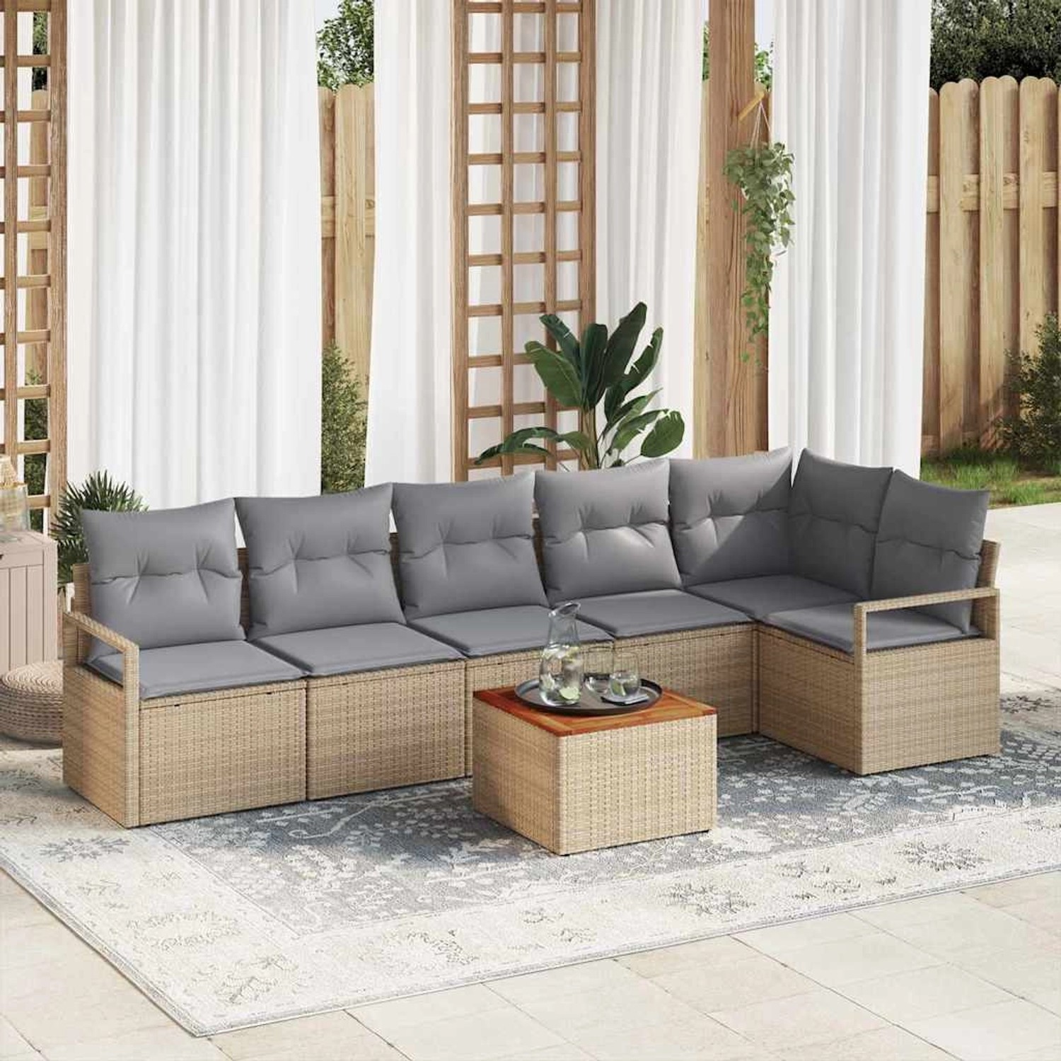 vidaXL Garten-Sofa-Set mit Kissen 7-Tlg Beige Poly Rattan 3347714 günstig online kaufen