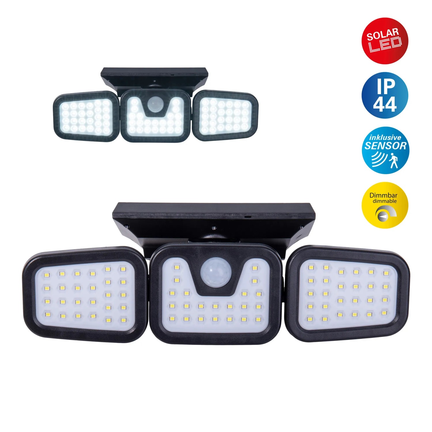 Näve LED Solar-Außenwandleuchte Pacita, schwarz, mit drei Leuchtelementen und Sensor.