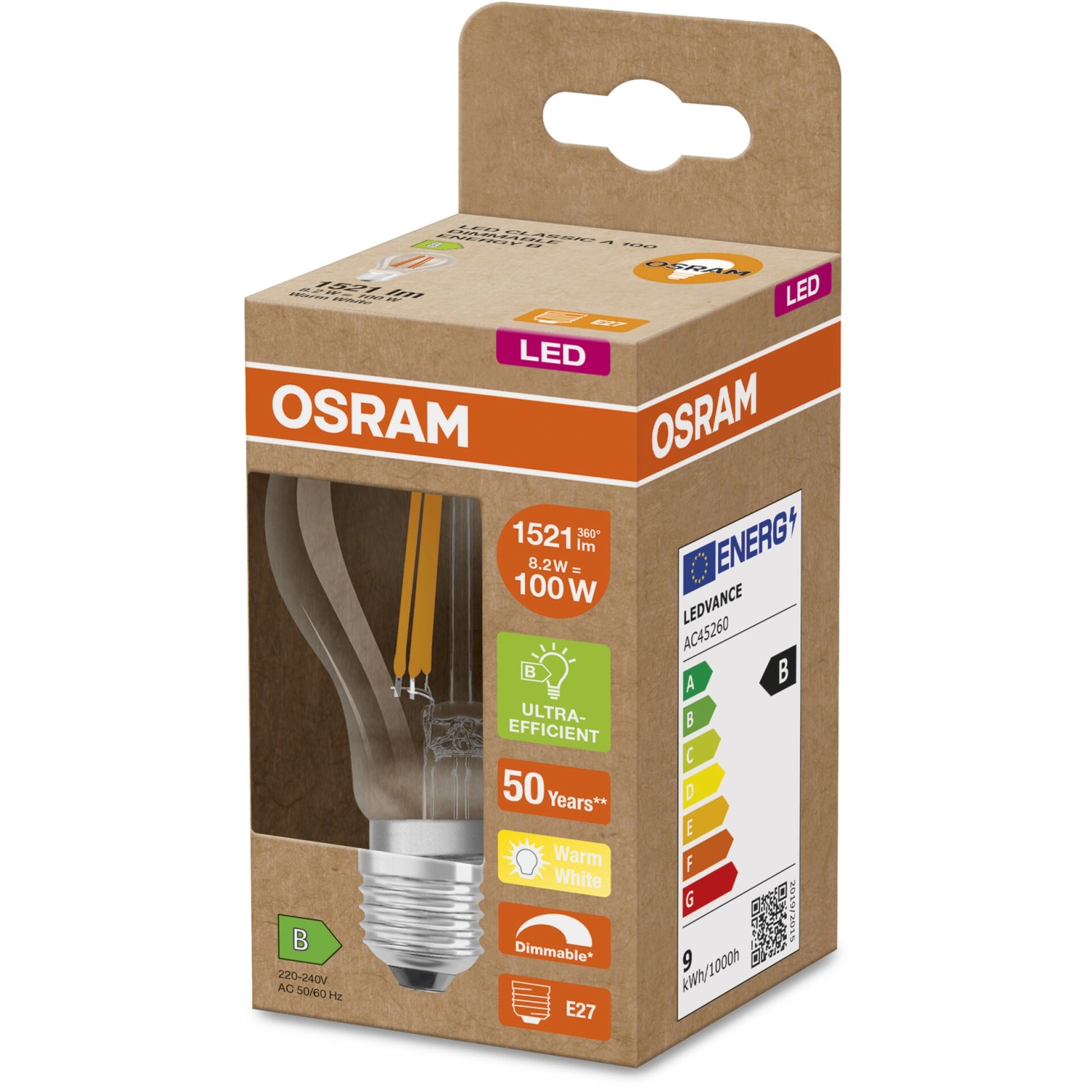 Osram LED-Lampe E27, 8,2W, 1521lm, Glühlampenform, warmweiß, klar. Dimmbares LED-Leuchtmittel im Karton.