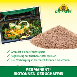 Neudorff Biotonnen Geruchsfrei Granulat: Braune Körner neben Bioabfall in Tonne. Neutralisiert Gerüche, bindet Feuchtigkeit.