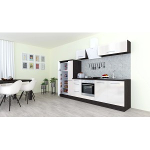 Respekta Premium Küchenzeile 300 cm, weiß hochglanz mit Eiche Grau Korpus, inklusive Elektrogeräten.