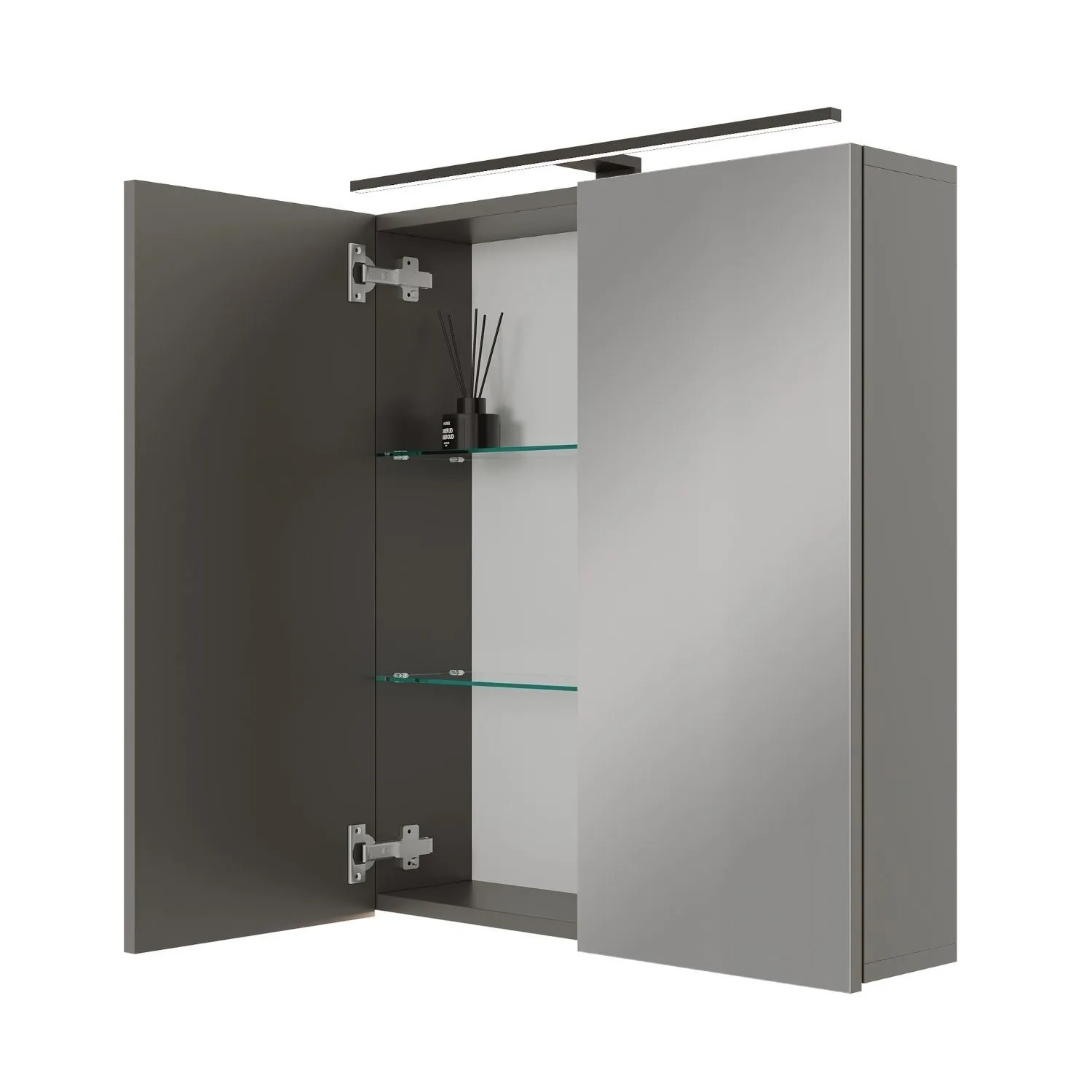 Planetmöbel ARIA Spiegelschrank 60 cm Anthrazit mit LED Leuchte Schwarz Steckdosenbox 230 V
