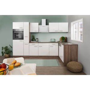 Respekta Winkelküche, 310 cm, Weiß Seidenglanz/Eiche York Nachbildung, mit E-Geräten.